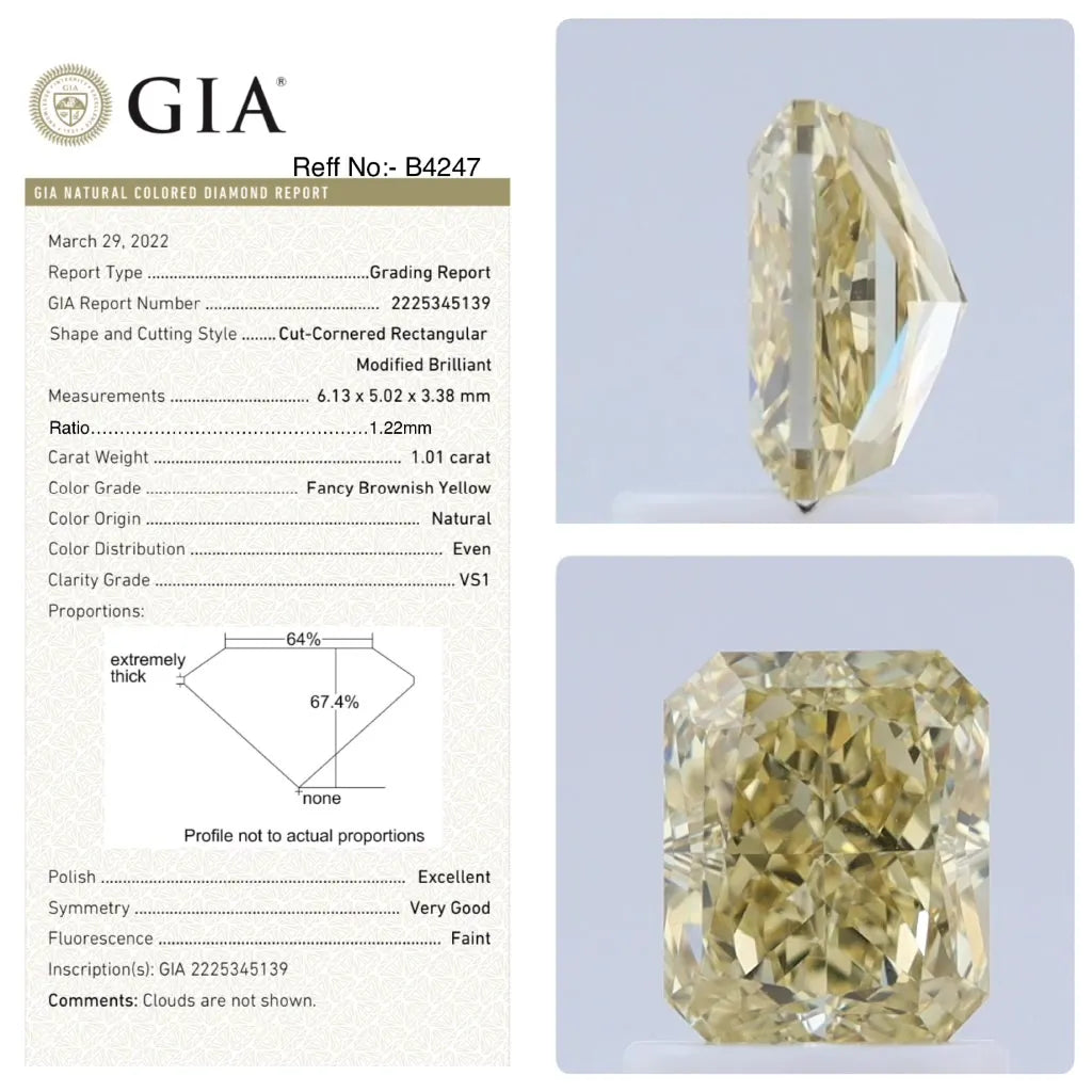 1.01ct Radiant Natural Diamond (Colour Fancy Brownish Yellow, Clarity VS1, GIA Certified)
