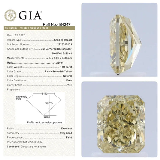 1.01ct Radiant Natural Diamond (Colour Fancy Brownish Yellow, Clarity VS1, GIA Certified)