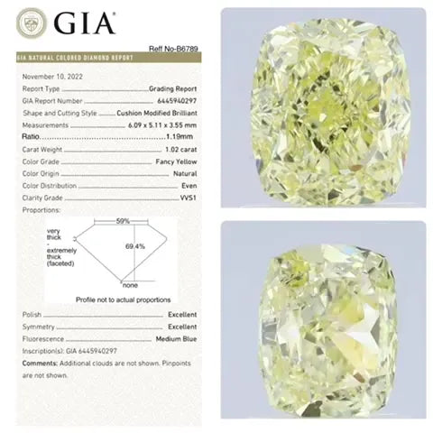 1.02ct Cushion brilliant Natural Diamond (Colour Fancy Yellow, Clarity VVS1, GIA Certified)